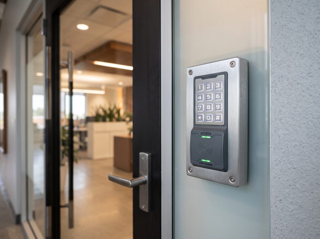 Commercial access control keypad and card reader installation