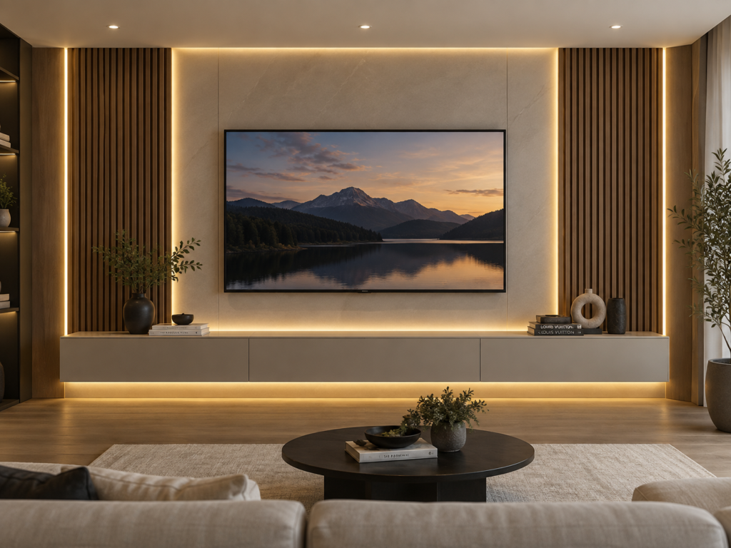 Custom media wall installation with wood paneling and accent lighting