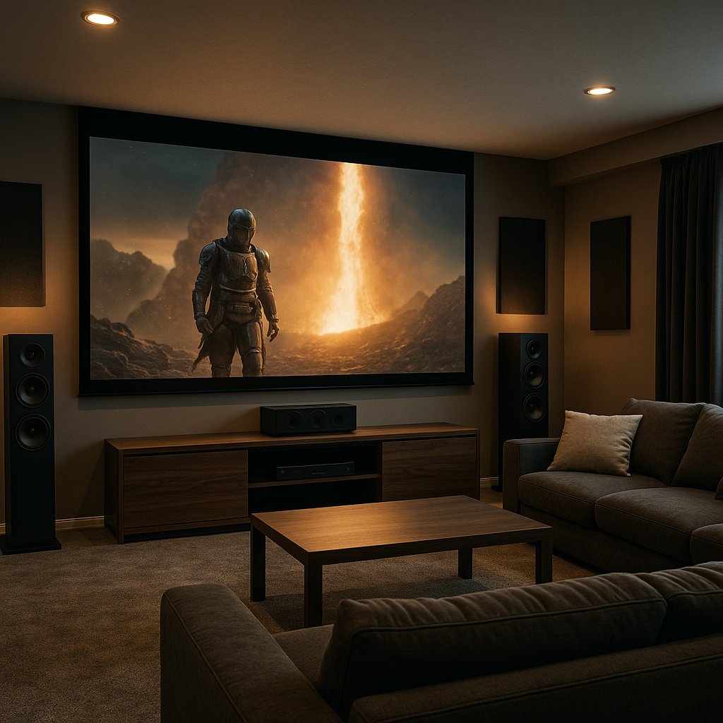 Media room with projector and surround sound installation